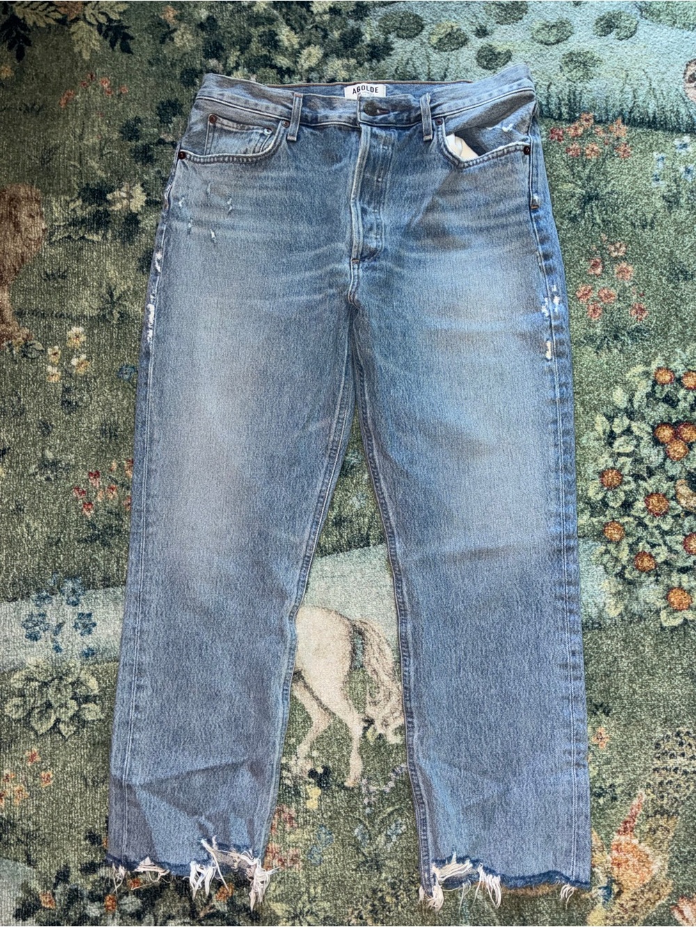 AGOLDE Women's Size 31 Light Wash Distressed Raw Hem Straight Crop Jeans - Picture 2 of 9
